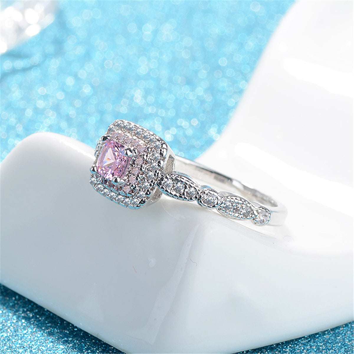Pink Cushion Crystal & Cubic Zirconia Halo Ring-1