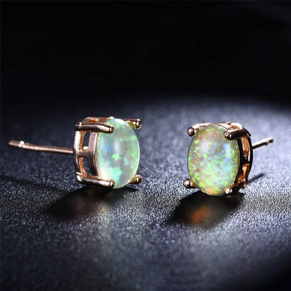 Green Opal & Rose Goldtone Oval Stud Earrings