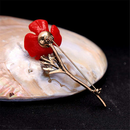 Red Enamel & Pearl Goldtone Plum Blossom Brooch