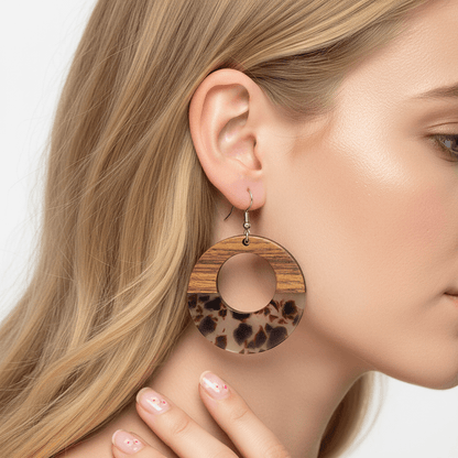 Brown Resin & Wood Silvertone Leopard Print Open Round Hook Earrings