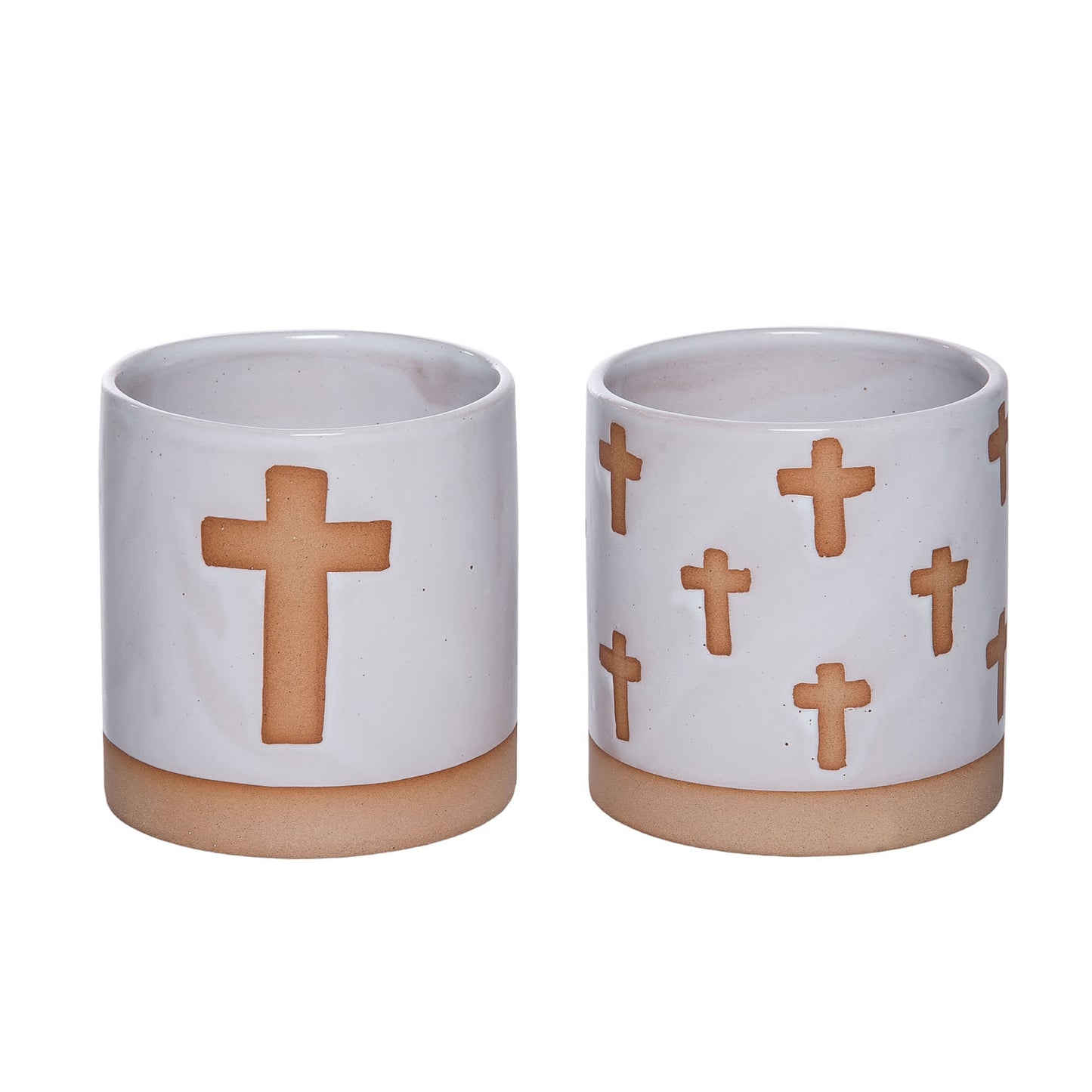 Ceramic Container with Cross Set of 2 Planter Pot White and Mud for Spring Garden Decor