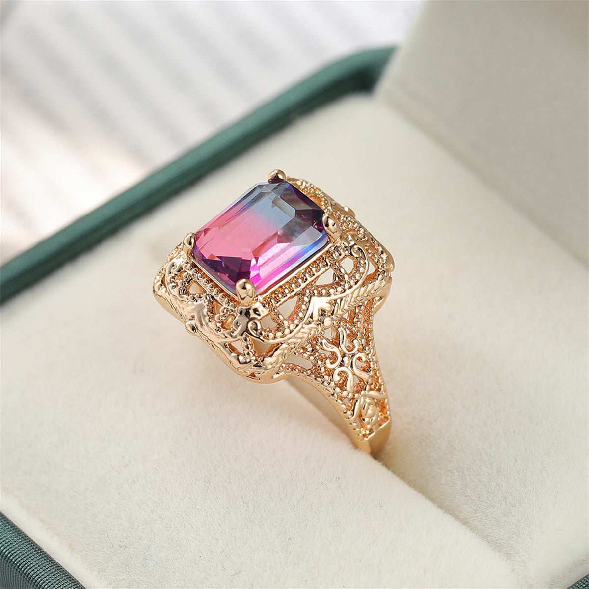 Rose Purple Crystal & Goldtone Radiant-Cut Ring