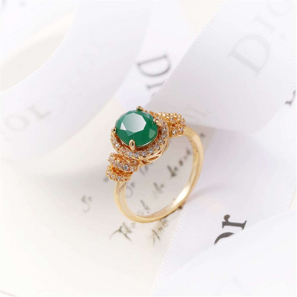 Green Crystal & Cubic Zirconia Goldtone Faceted Halo Ring