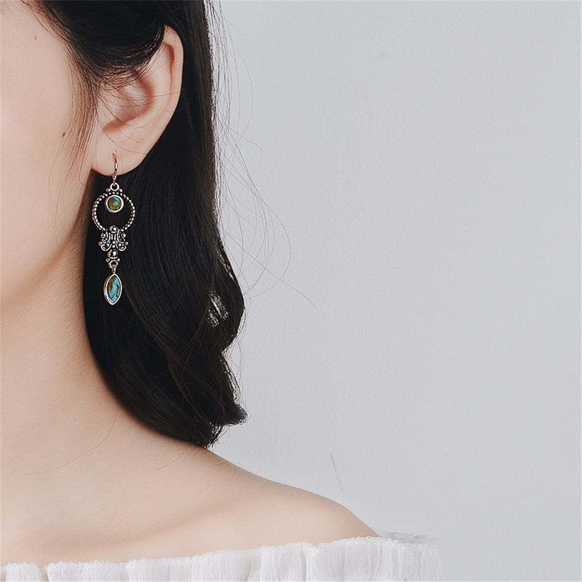 Turquoise & Silvertone Open Circle Drop Earrings