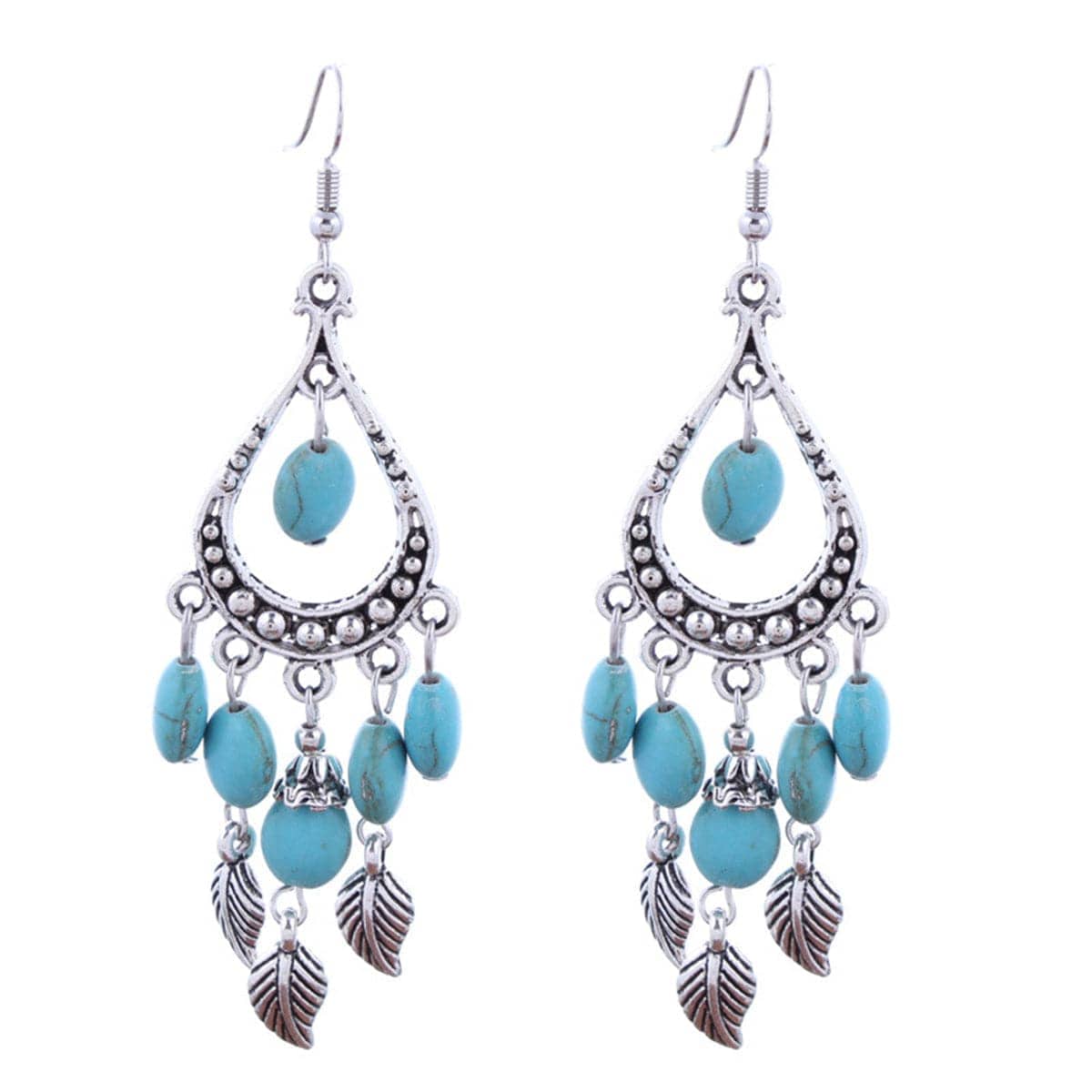 Turquoise & Silvertone Feather Teardrop Earrings