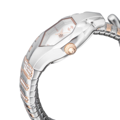Just CAVALLI Women Watch, Silver Color Case, Silver Dial, Two Tone Silver & Rose Gold Color Stainless Steel Metal Bracelet, 2 Hands, 3 Atm