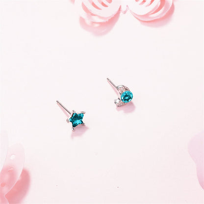 Teal Crystal & Silvertone Blue Moon & Star Stud Earrings