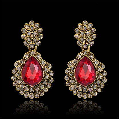 Red Crystal & Cubic Zirconia Ornate Floral Drop Earrings