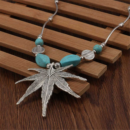 Turquoise & Cubic Zirconia Silvertone Maple Leaf Necklace