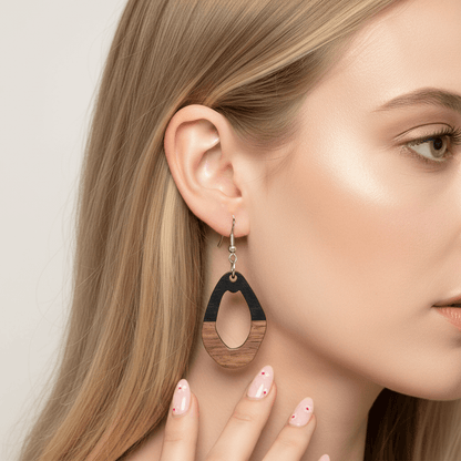 Black Resin & Wood Silvertone Open Irregular Oval Hook Earrings