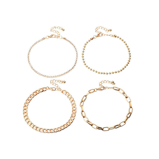 Cubic Zirconia & Goldtone Figaro Bead Anklet Set