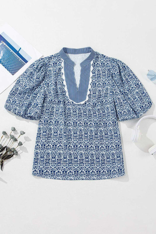 Threaded Pear Alayah Floral Striped Ric-rac Puff Sleeve Top