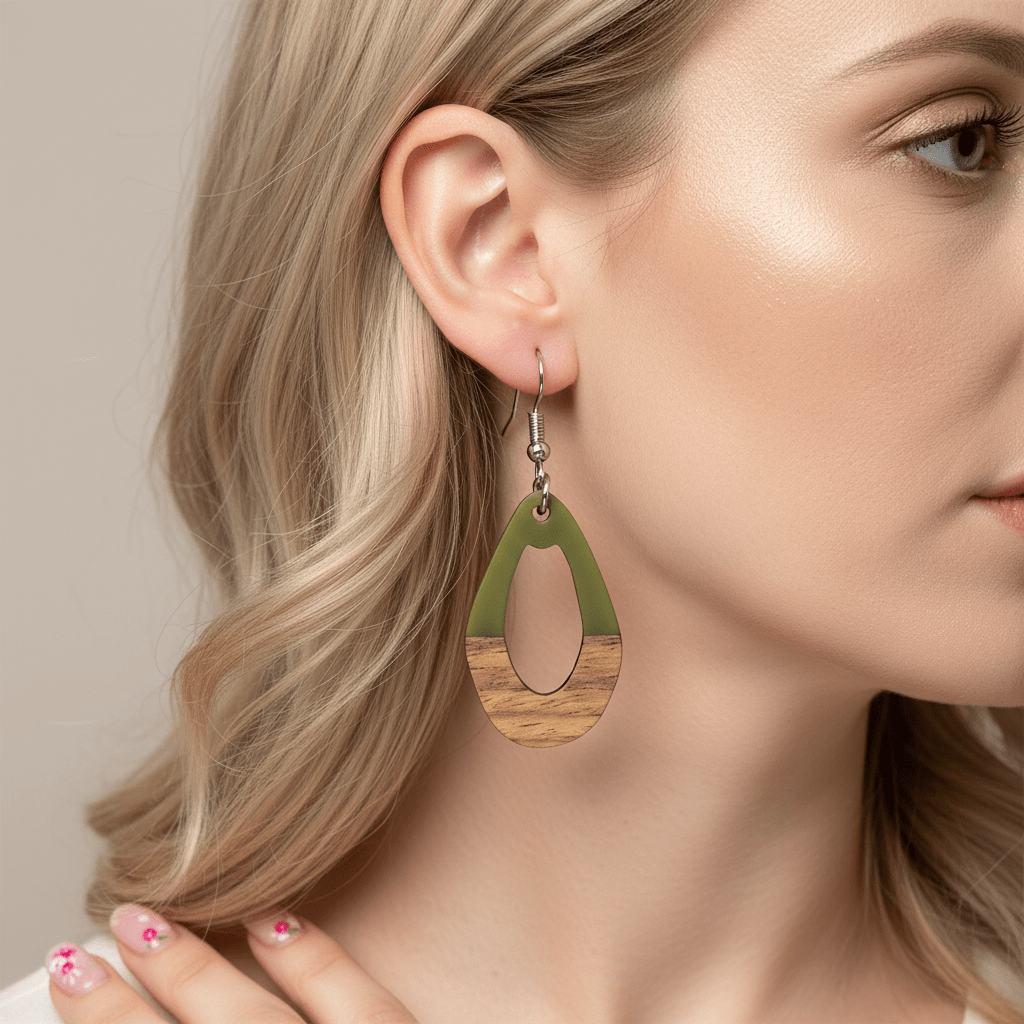 Green Resin & Wood Silvertone Open Irregular Oval Hook Earrings