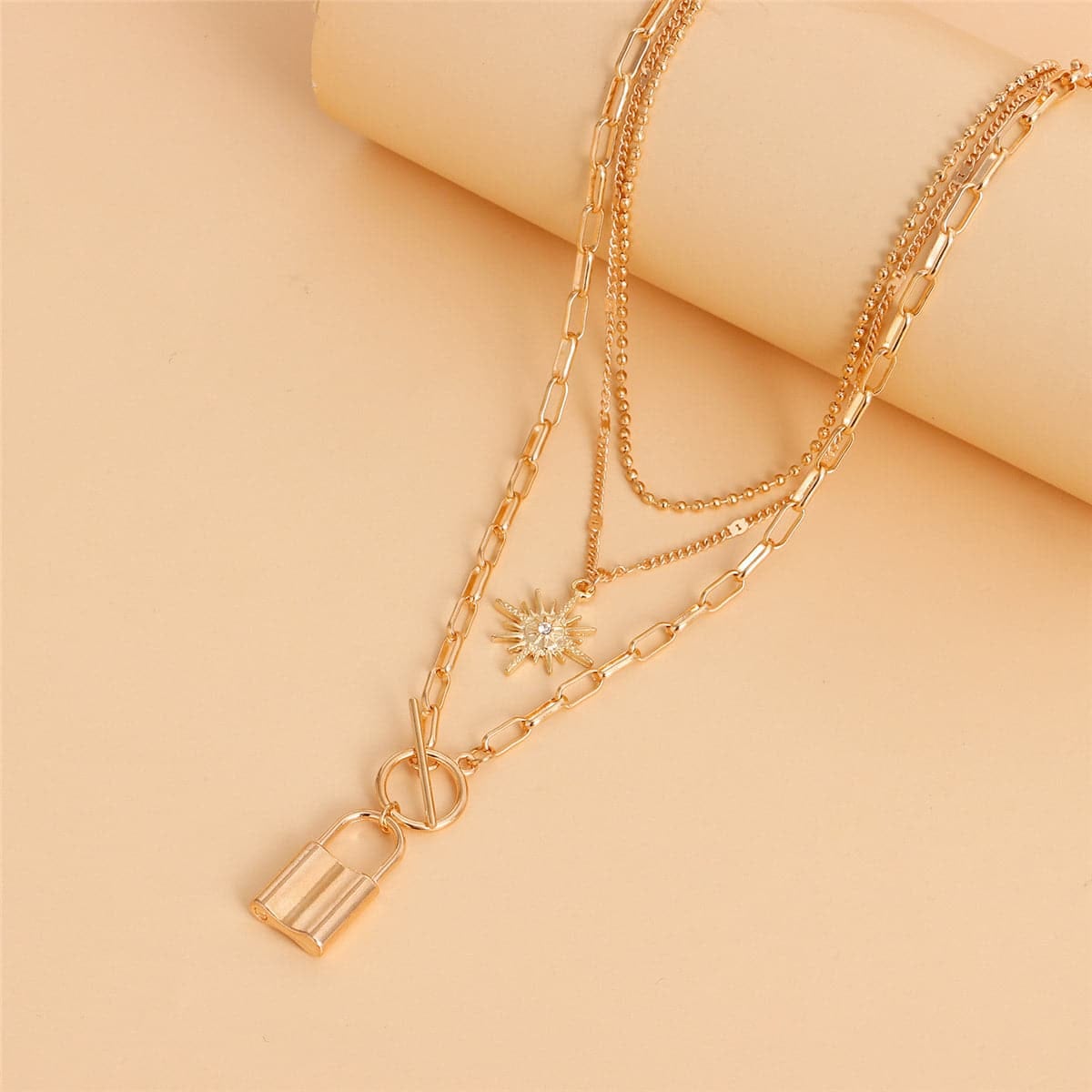 Cubic Zirconia & Goldtone Lock Star Layered Pendant Necklace