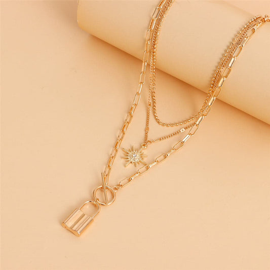 Cubic Zirconia & Goldtone Lock Star Layered Pendant Necklace