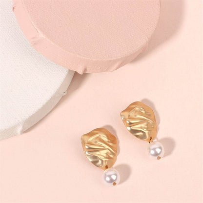Pearl & Goldtone Wrinkle Drop Earrings