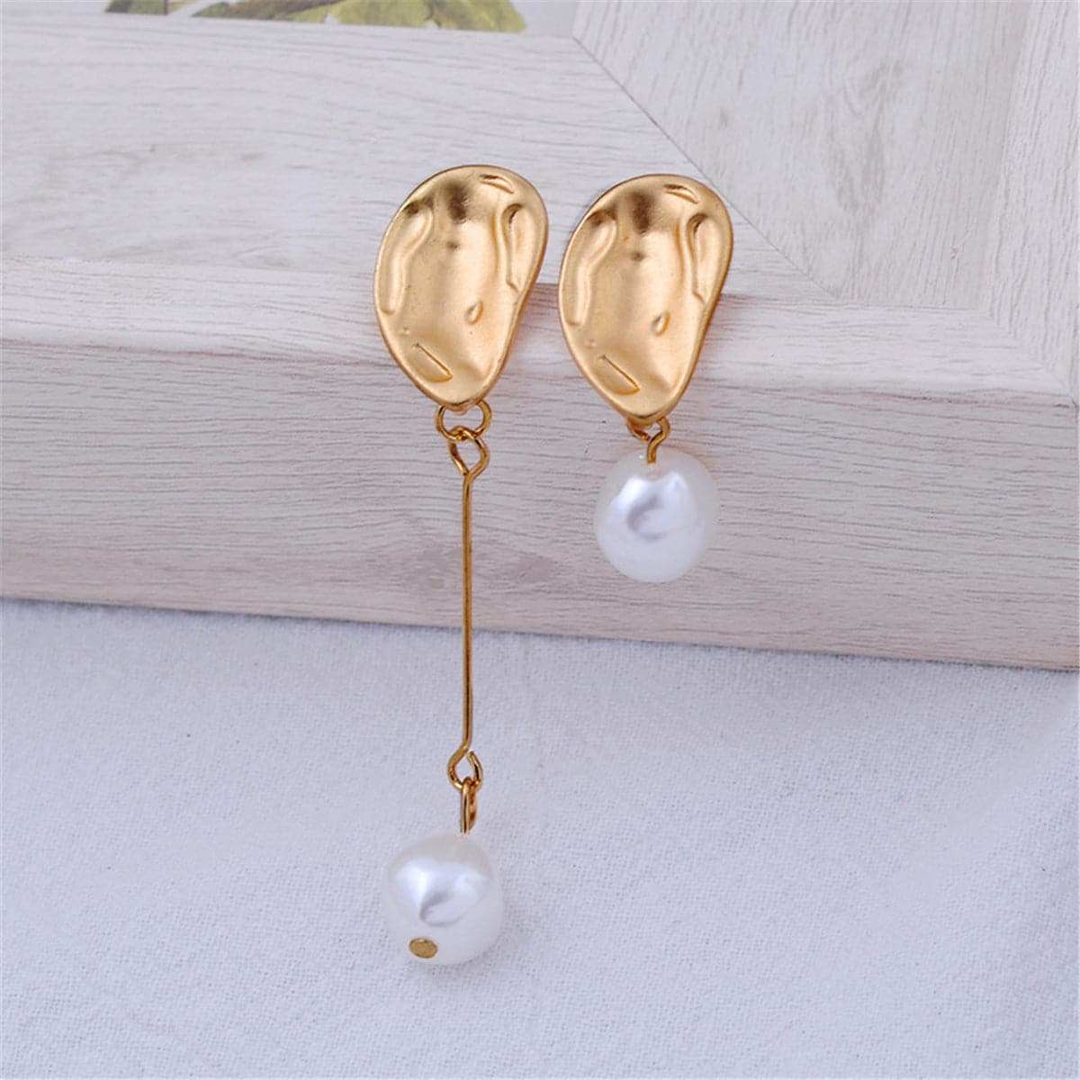 Pearl & Goldtone Asymmetrical Drop Earrings