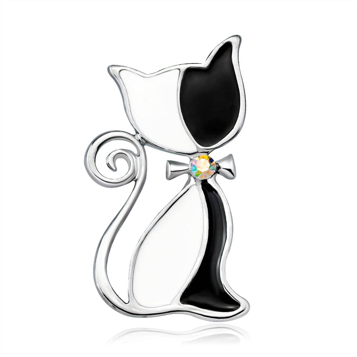Cubic Zirconia & Black Enamel Silvertone Kitty Brooch