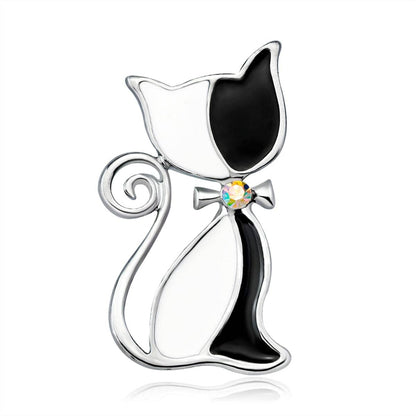 Cubic Zirconia & Black Enamel Silvertone Kitty Brooch