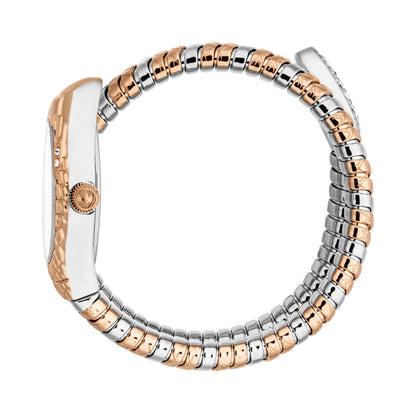 JUST CAVALLI Womens's Snake Watch, Two Tone Silver & Rose Gold Color Case, Silver Dial Two Toned Stainless Steel Bracelet JC1L373M0065