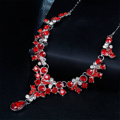 Red Crystal & Cubic Zirconia Flower Drop Earrings & Necklace Set