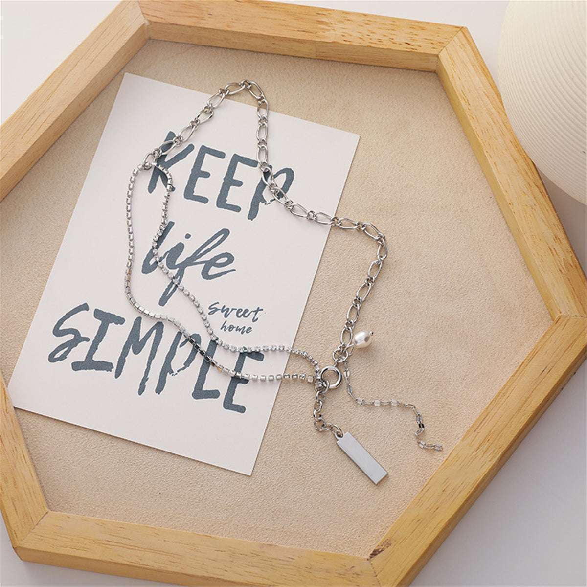 Pearl & Silvertone Figaro Chain Lariat Necklace