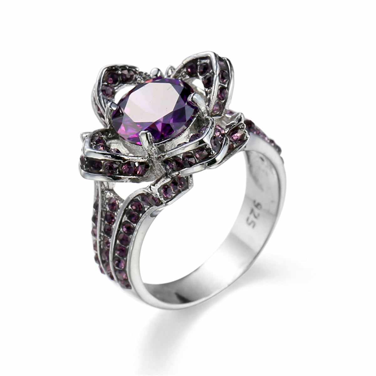 Purple Crystal & Purple Cubic Zirconia Floral Openwork Round Ring-3