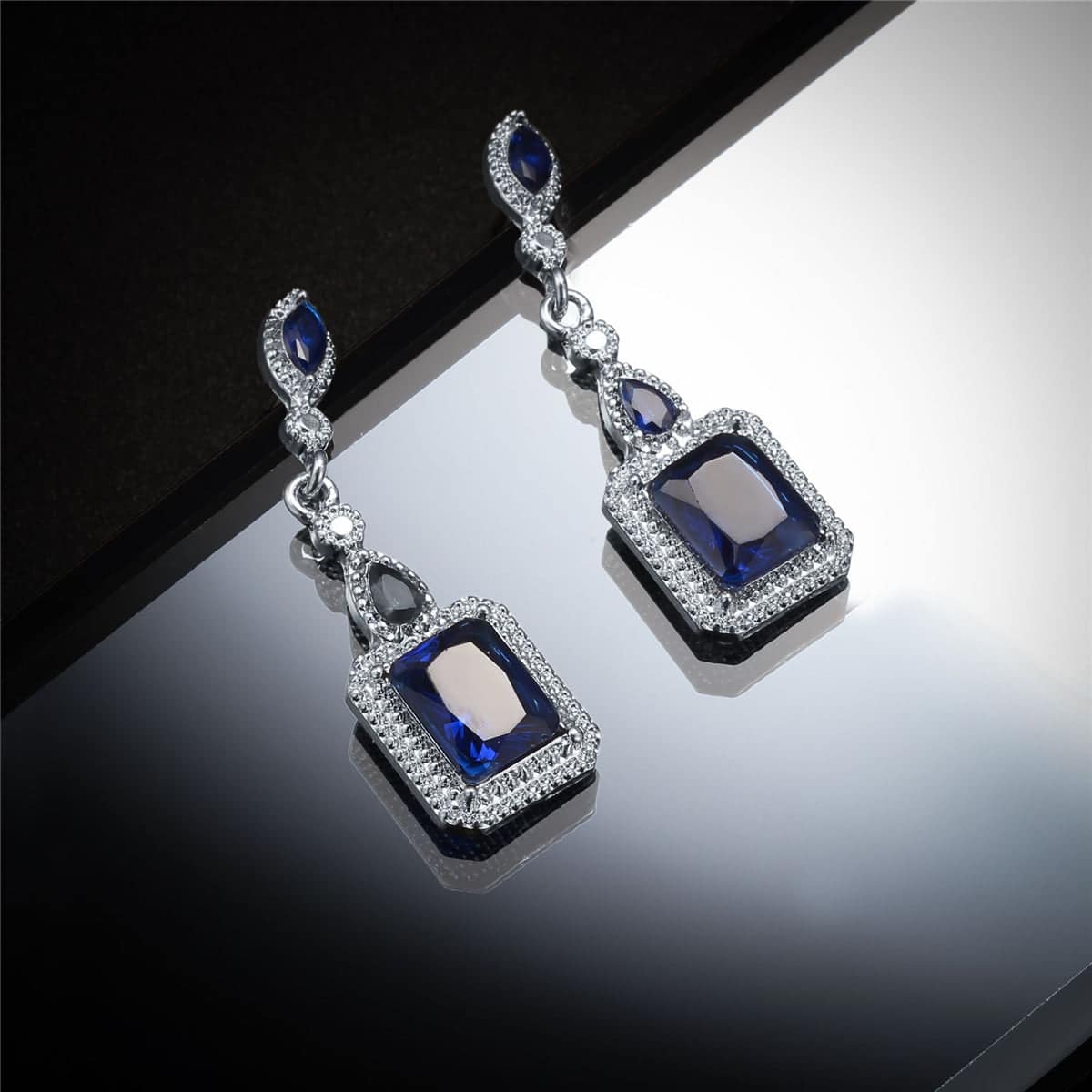 Navy Crystal & Silvertone Radiant-Cut Halo Drop Earrings