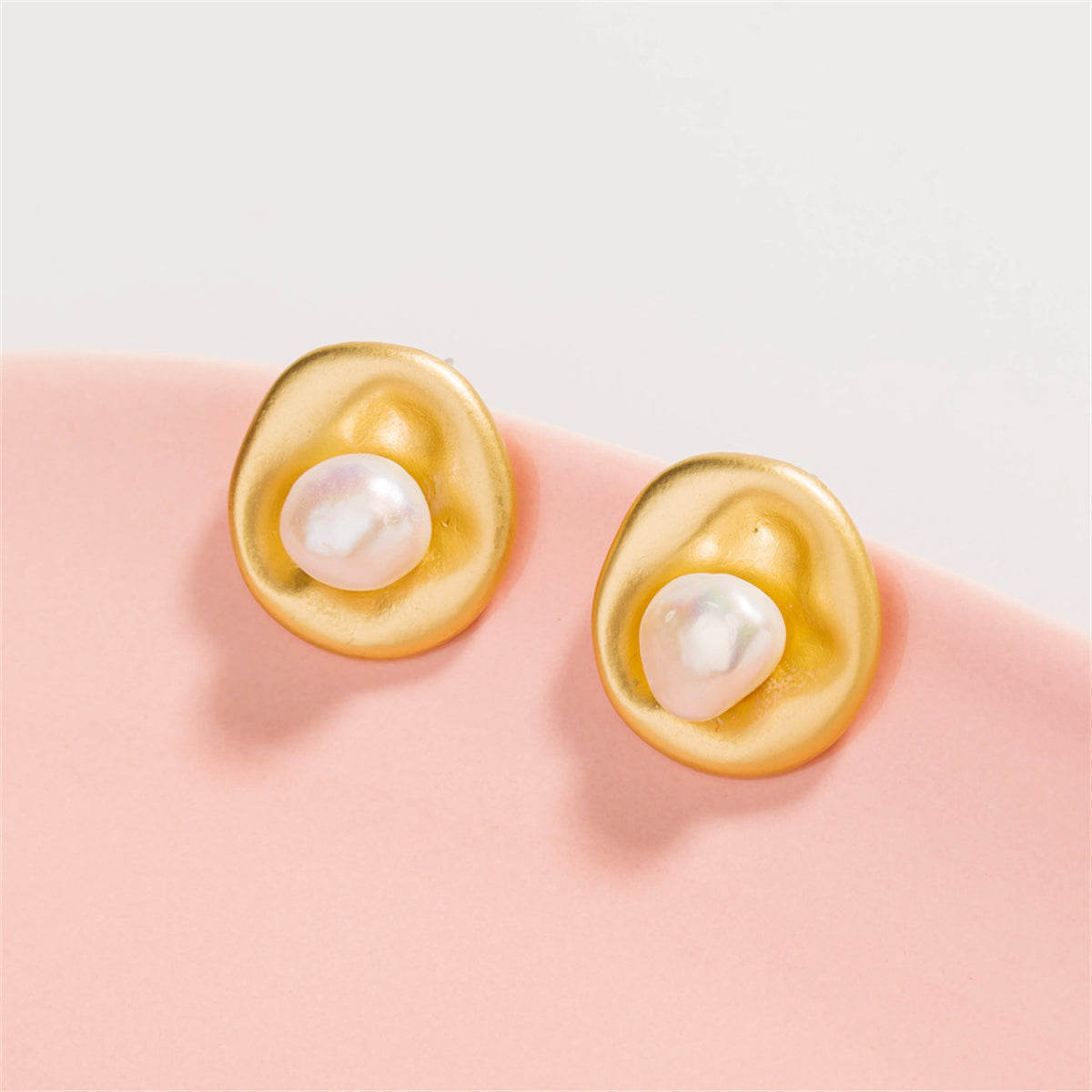 Pearl & Goldtone Hammered Circle Stud Earrings