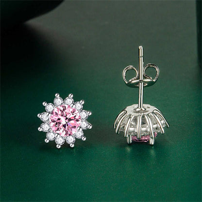 Pink Crystal & Cubic Zirconia Silvertone Flower Stud Earrings
