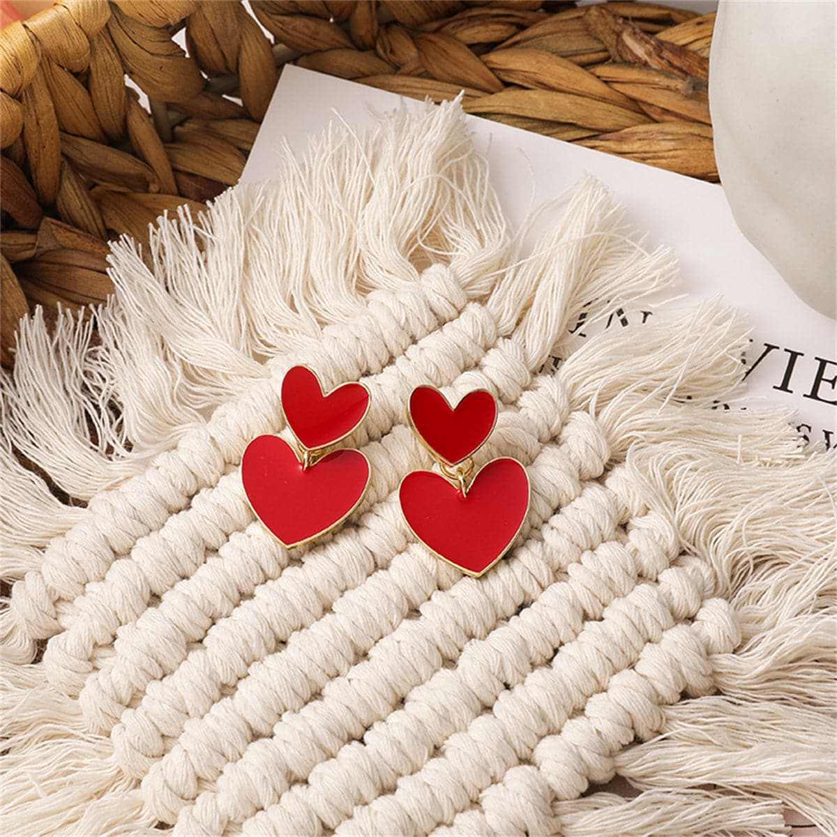 Red Enamel & Goldtone Double-Heart Ear Jackets