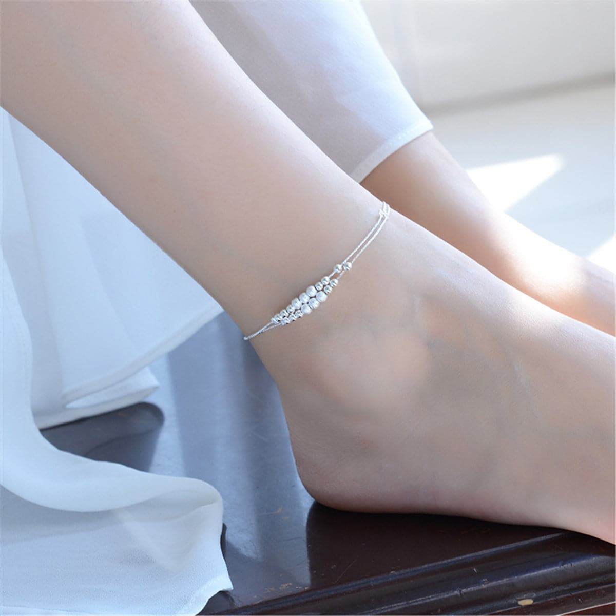 Silvertone Graduated Bead Double-Strand Anklet