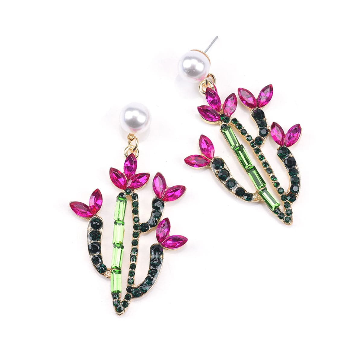 Pink Crystal & Cubic Zirconia Cactus Drop Earrings