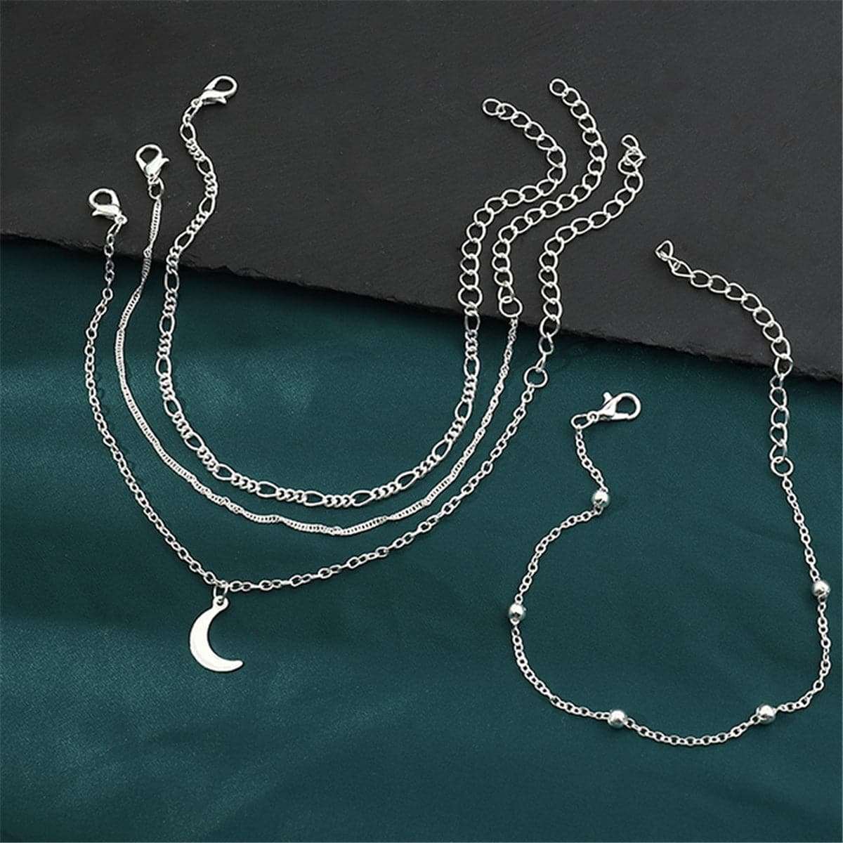 Silvertone Moon Charm Anklet Set