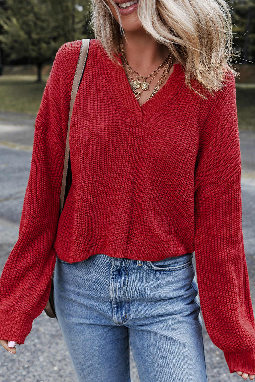 Evelyn Knit Drop Shoulder Sweater - Racing Red / L - 12/14
