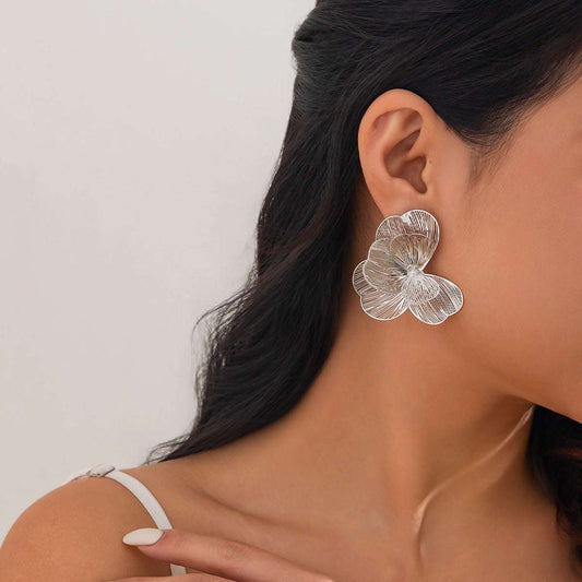 Silvertone Netted Flower Statement Stud Earrings