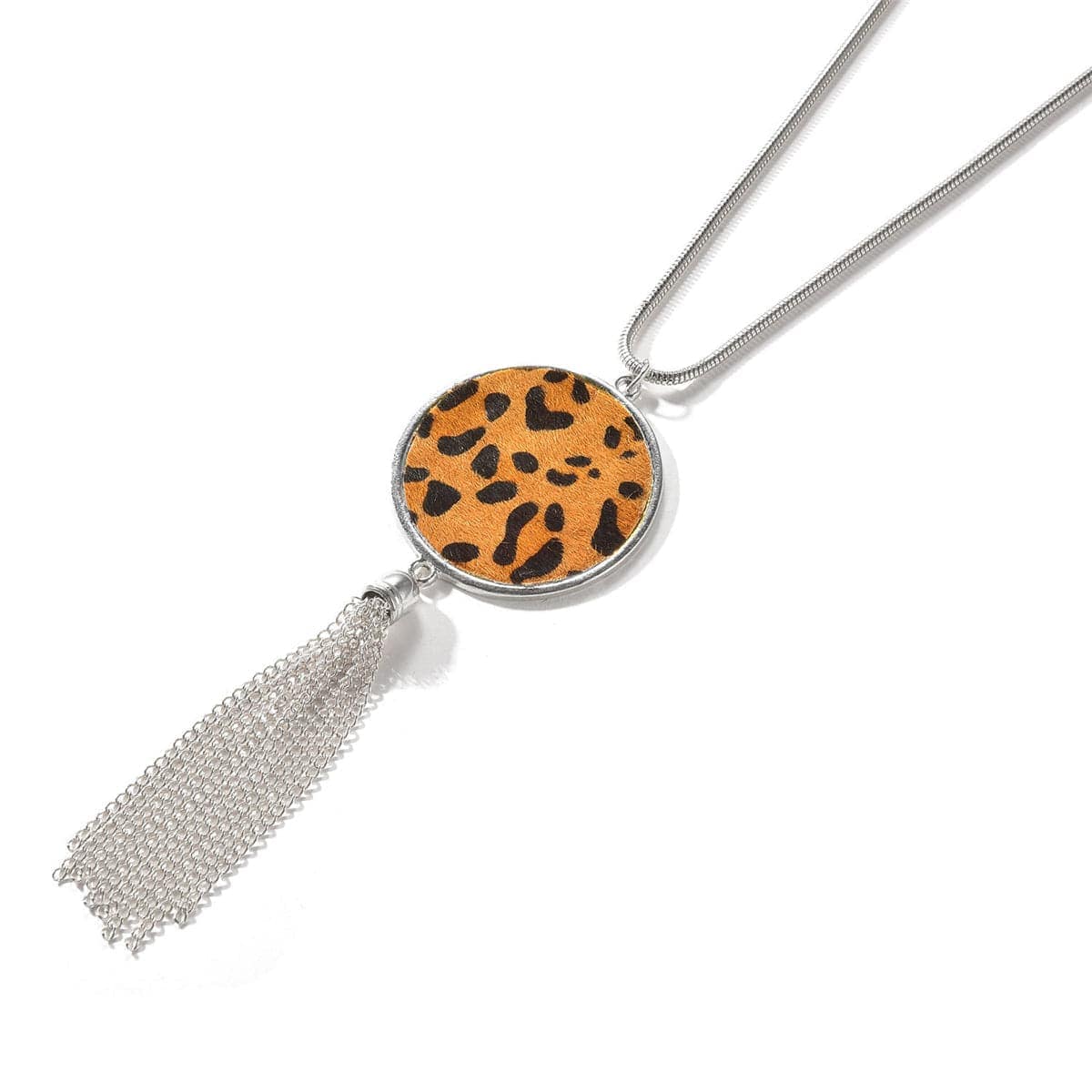 Tan Polyurethane & Silvertone Leopard Round Tassel Pendant Necklace