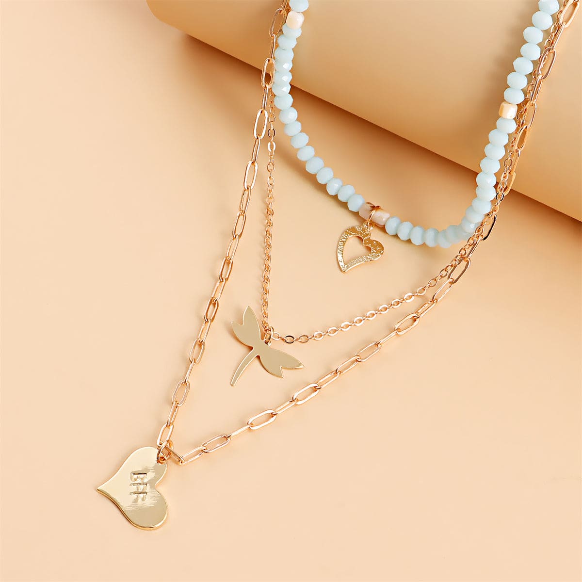 Blue Acrylic & Resin Goldtone Dragonfly Heart Layered Pendant Necklace