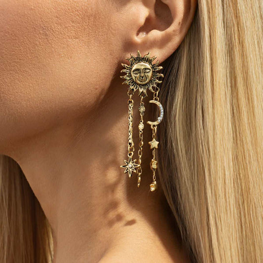 Pearl & Goldtone Mismatching Celestial Dangle Earrings