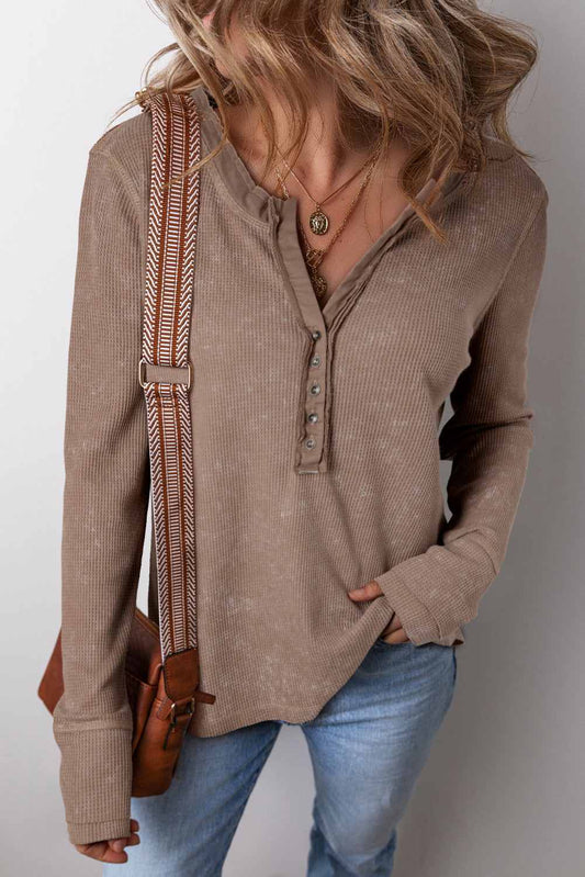 Threaded Pear Zahra Waffle Knit Neckline Long Sleeve Top