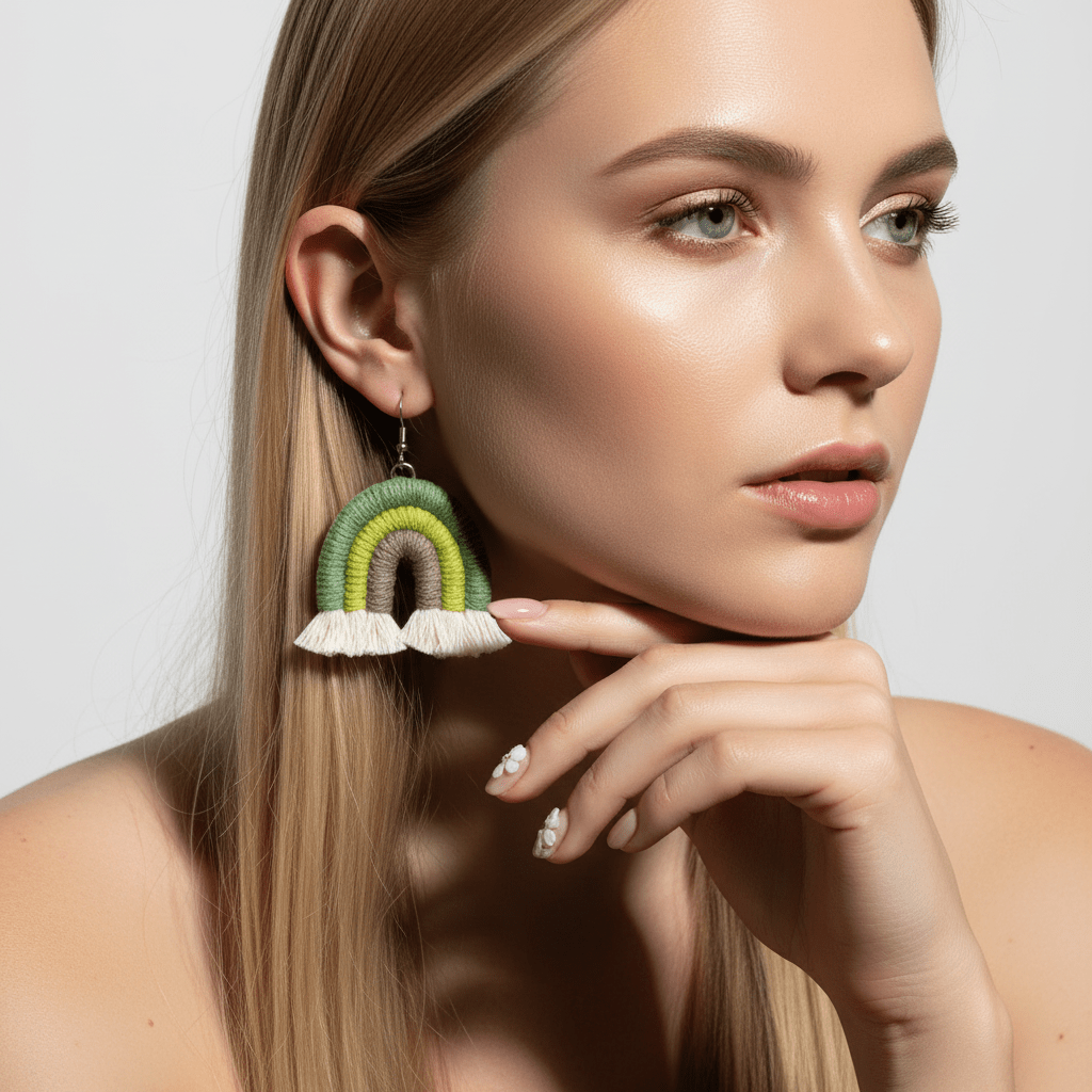 Green Multi-Colored Yarn & Silvertone Rainbow Tassel Hook Earrings