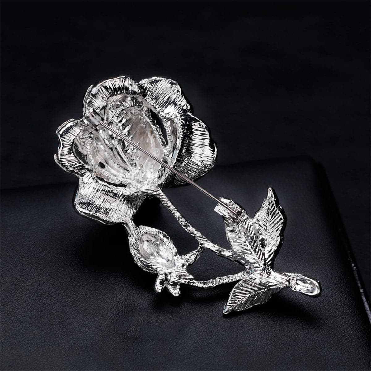 Cubic Zirconia & Pearl Silvertone Rose Brooch