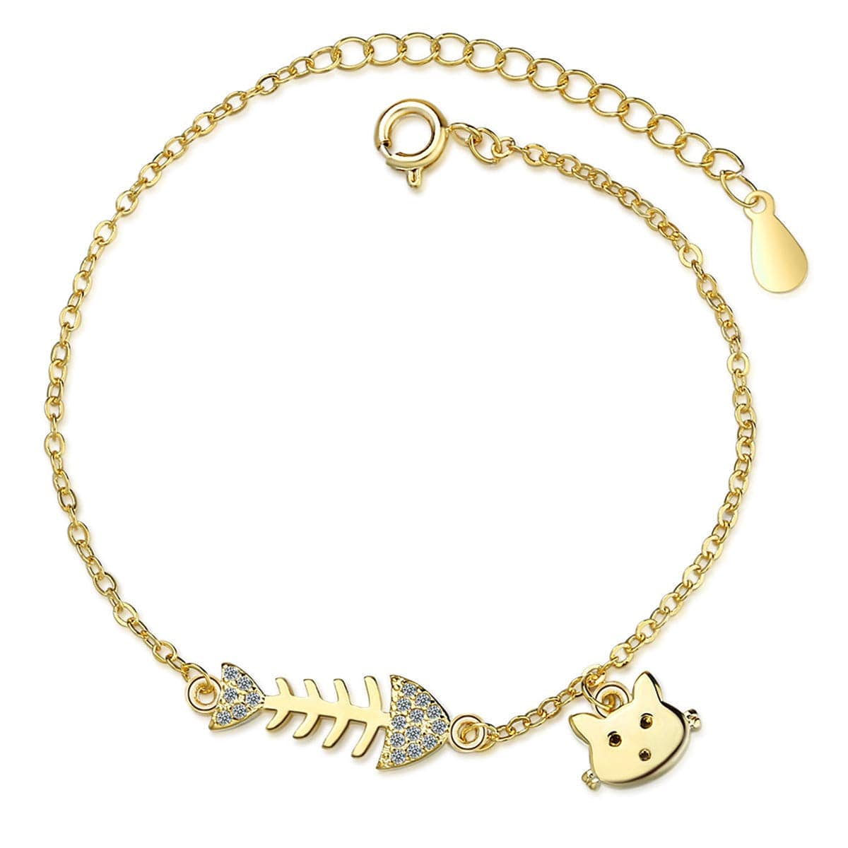 Cubic Zirconia & Goldtone Fishbone & Cat Charm Bracelet