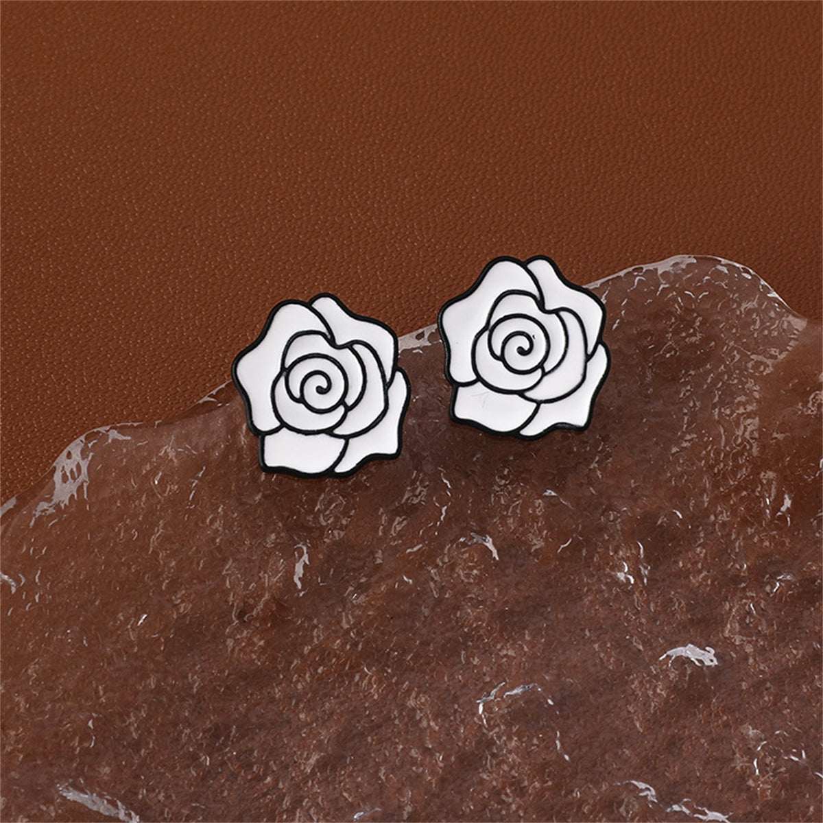 White & Silvertone Camellia Stud Earrings