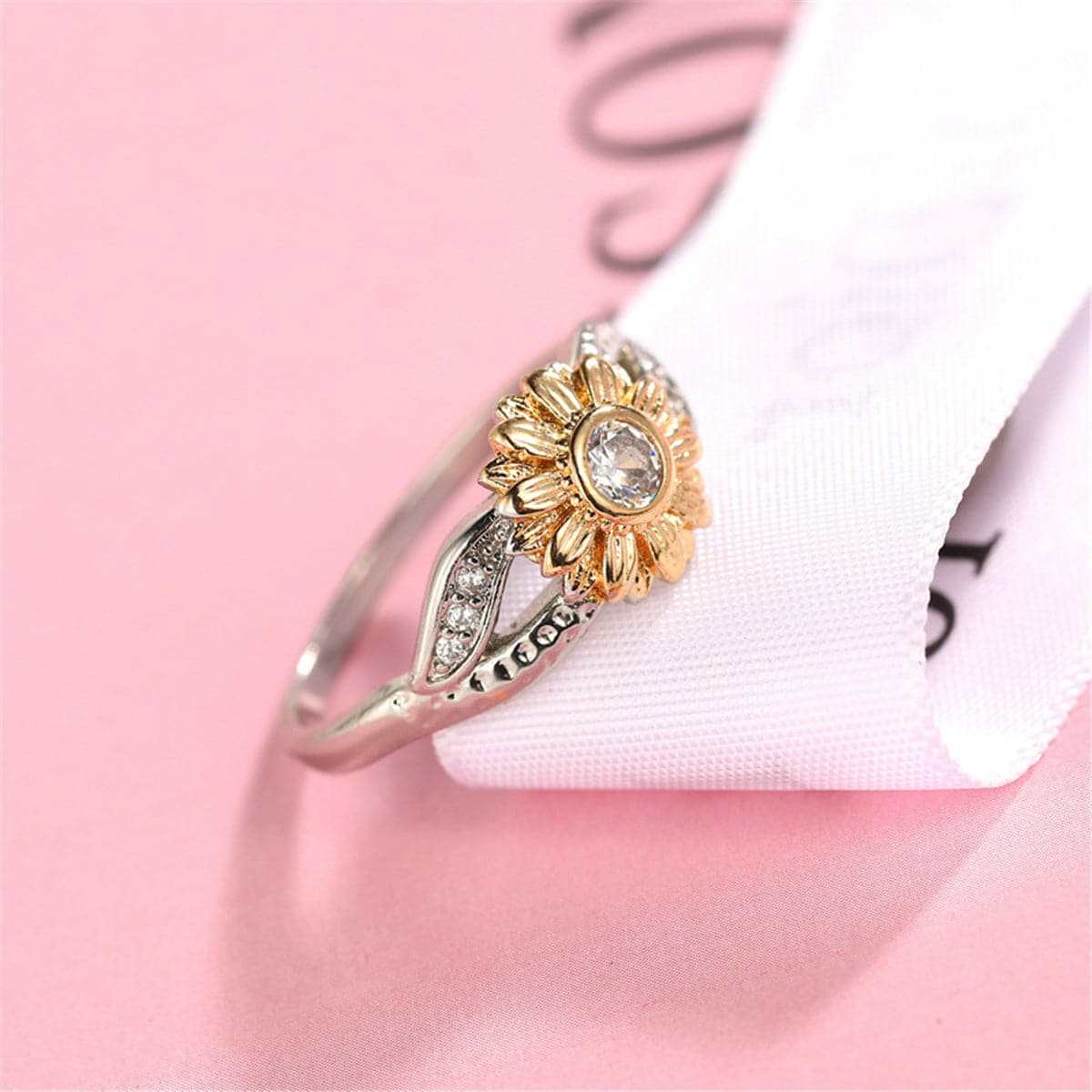 Cubic Zirconia & Two-Tone Sunflower Band Ring-6