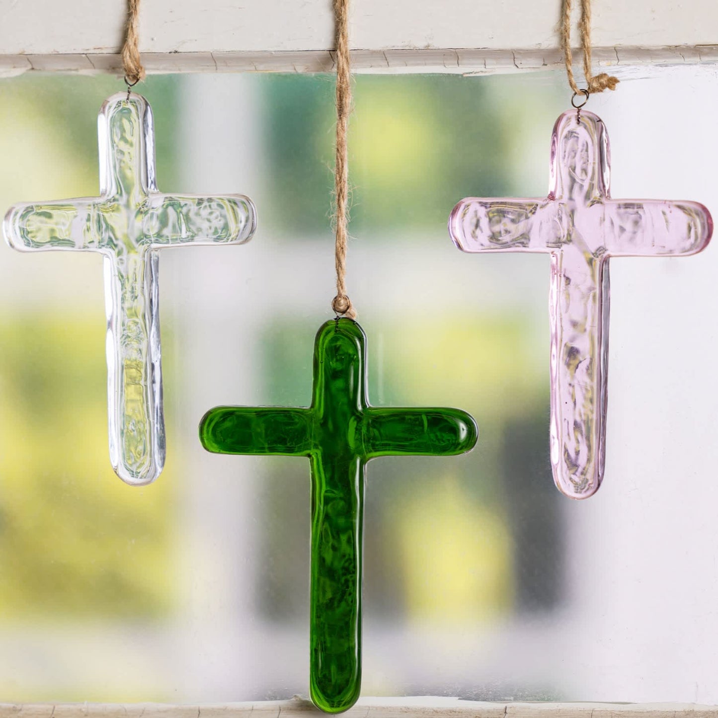 Glass Green Cross with Hanger for Home Decorations Spring Wall Art Decorative Glass Accent