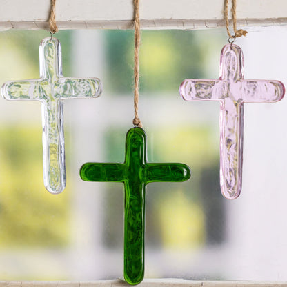 Glass Green Cross with Hanger for Home Decorations Spring Wall Art Decorative Glass Accent