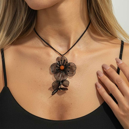 Red Resin & Acrylic Blacktone Dual-Flower Pendant Necklace