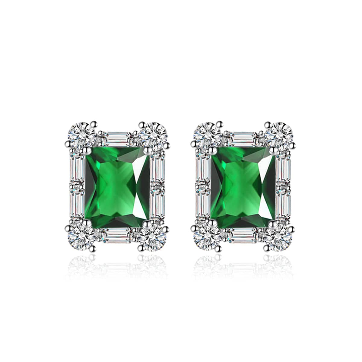 Green Crystal & Cubic Zirconia Silvertone Rectangular Stud Earrings