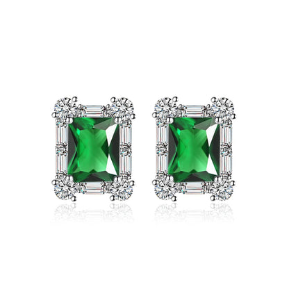 Green Crystal & Cubic Zirconia Silvertone Rectangular Stud Earrings